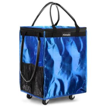 Imagem de (Médio, azul) Bolsa de compras reutilizável com 4 rodas, bolsa dobrável com rodinhas para carrinho de compras de até 30 kg, bolsa com rodinhas com 3 alças, bolsa com zíper e rodinhas para lavanderia