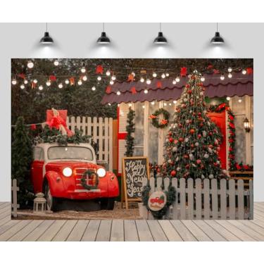 Imagem de CHNYWORK 2,1 x 1,5 m, cenário de rua de Natal, árvore de Natal, caminhão vermelho, bolas de Natal, decoração de varanda de Natal, fundo de cerca de madeira branca, Feliz Natal, véspera de ano novo