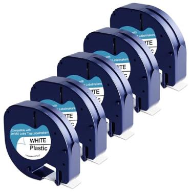 Imagem de Pacote com 5 fitas de plástico branco 91331 para refil Dymo Letratag 12 mm x 4 m 1/2 polegadas x 13 pés, funciona com máquinas de etiquetas DYMO LetraTag LT-100H LT-100T QX50