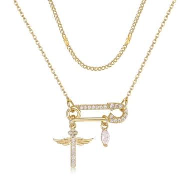 Imagem de TANTIUE Colar de clipe de papel feminino banhado a ouro 14 K com pingente de clipe de papel de zircônia cúbica girassol/cruz/sol/lua/gotas de água com corrente em camadas, joias presentes para ela