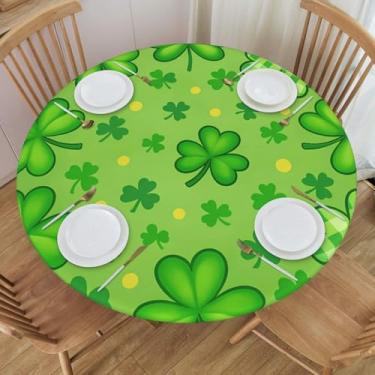 Imagem de KiuLoam Toalha de mesa redonda xadrez búfalo verde Dia de São Patrício com borda elástica toalha de mesa lavável para decoração de cozinha patrulha ao ar livre, serve para 101,6 a 112 cm, pequena