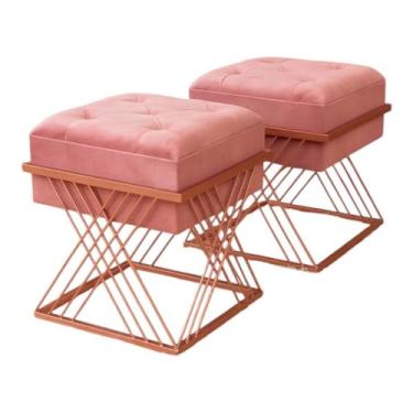 Imagem de Kit com 2 Puff Quadrado Imperial com Estrutura de Ferro – Puff Decorativo em Veludo para Sala, Quarto e Escritório(Rosa)