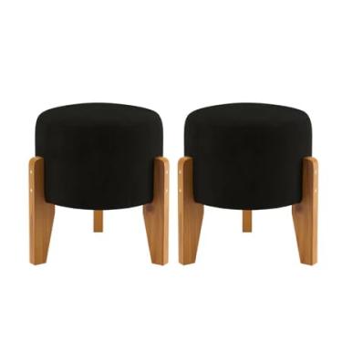 Imagem de Kit 2 Puffs Odin Decorativos Redondos Estofados com Pés Palito em Madeira – Puff Banqueta Elegante(Preto)