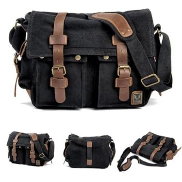 Imagem de Bolsa Messenger de Couro Genuíno Vintage e Lona Transversal Grande Ombro para Notebook Caminhada Acampamento Viagem