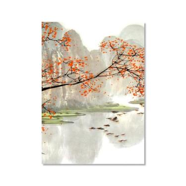 Imagem de Arte de cenário japonês, impressão floral, pintura a tinta, barco, pássaro, pôsteres em tela, decoração asiática, arte de parede japonesa para decoração de sala de estar e quarto (SKU2,50,8 x 71,1 cm