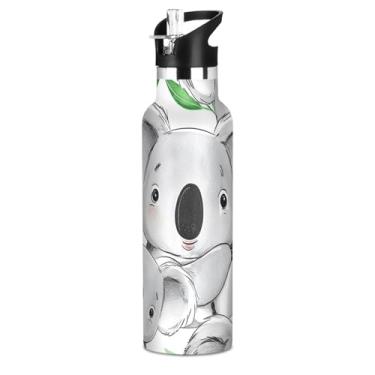 Imagem de Linda garrafa de água cinza coalas para adolescentes e crianças, garrafas de água isoladas sem BPA, garrafa térmica de aço inoxidável com tampa de canudo para bebidas quentes ou frias, 590 ml