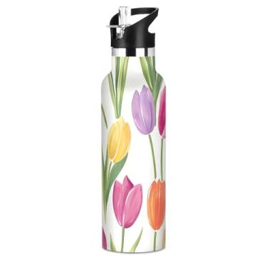 Imagem de Joisal Garrafas de água isoladas de 590 ml com tampa e alça de palha, garrafa de água a vácuo de parede dupla para meninos, copos de viagem de aço inoxidável à prova de vazamento para crianças, tulipa