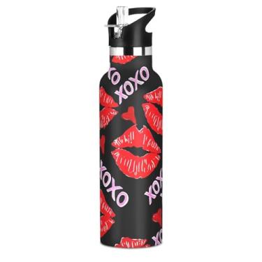 Imagem de Garrafa de água de aço inoxidável de 590 ml com tampa e alça de palha, garrafas de água escolar sem BPA, copos de viagem infantis isolados à prova de vazamento, batom branco vermelho beijos preto