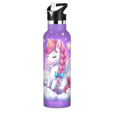 Imagem de Joisal Garrafa de água roxa fofa de unicórnio rosa para meninas e adolescentes garrafas de água de aço inoxidável à prova de vazamento copo de viagem com tampa de canudo para bebidas quentes ou frias