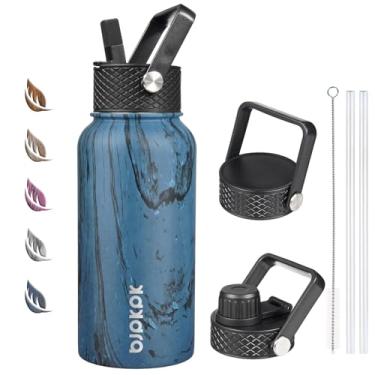 Imagem de BJPKPK Garrafas de água isoladas com tampa de palha, garrafa de água de aço inoxidável de 765 g com 3 tampas, garrafa térmica de metal à prova de vazamento livre de BPA, canecas, copos, mantenha frio