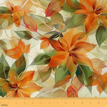 Imagem de Erosebridal Tecido floral por jarda para cadeiras, flores florescendo em aquarela estofada, folhas naturais à prova d'água decoração para estofamento e detalhes domésticos, vermelho, laranja, verde