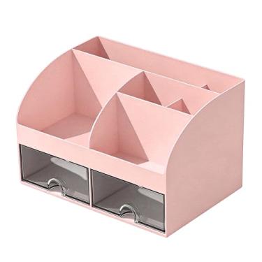 Imagem de Zerodis Organizador de Mesa Multifuncional, Caixa de Armazenamento de Lápis de Caneta de Maquiagem ABS Com 6 Compartimentos e 2 Gavetas Transparentes Adequadas para Escritório, Casa, (Rósea)