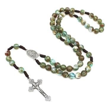 Imagem de VKSG Colar de rosário católico, contas de madeira marrom feitas à mão de 10 mm com cruz crucifixa, amuleto de medalha de Santa Maria para mulheres e homens, presente de confirmação de primeira