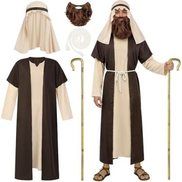 Imagem de SOMSOC 5 Pack Men's Saint Joseph Costume Adult Biblical Shepherd Robe Outfit with Beard, Headpiece & Staff for Nativity Play