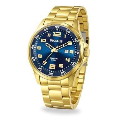 Imagem de Relógio Seculus Masculino Analógico Quartz Esportivo Casual De Pulso Dourado Em Aço Inoxidável Mostrador Azul Com Calendário A Prova D'água Em 50 Metros Original