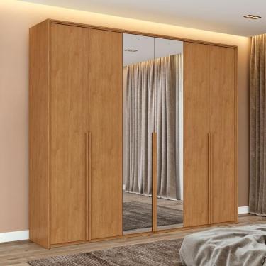 Imagem de Guarda Roupa Casal 6 Portas Amendoa Clean 4 Gavetas Easy Move MDF com Espelho Móveis Lopas
