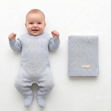 Imagem de Kit Macacão e Manta Tricô Kids Losango Canelado Azul Claro
