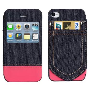 Imagem de DESHENG Clipes de proteção para smartphone estilo jeans capa de couro flip horizontal com compartimentos para cartão de crédito e ID de exibição de chamadas para iPhone 4 e 4S (rosa) Bolsa para telefone (cor : Magenta)
