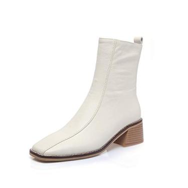 Imagem de TinaCus Botas femininas de couro legítimo com bico quadrado e zíper lateral, feitas à mão, salto grosso, chique, cano médio, Off White, 7.5
