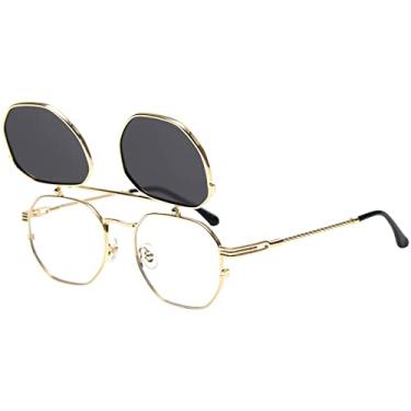 Imagem de Dollger Óculos de sol Flip Up masculino feminino polarizado Steampunk com lentes duplas, Armação dourada/lente cinza, Suitable for all face shapes