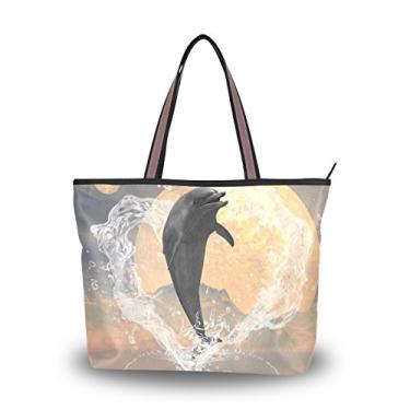 Imagem de ColourLife Bolsa tiracolo de poliéster com alça de ombro e golfinho pulando fora do coração, Colorido., Large