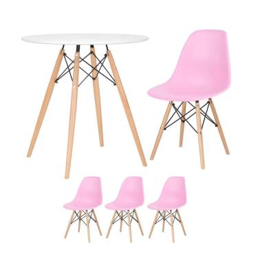 Imagem de Mesa Redonda Eames 70 Cm Branco + 3 Cadeiras Eiffel Dsw Rosa Claro