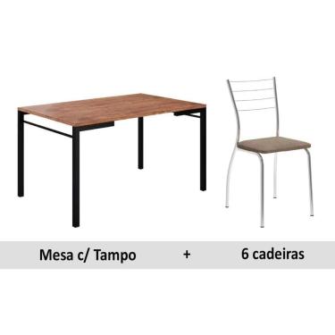 Imagem de Sala de Jantar Completa 1526 Aço c/Tampo Madeirado 136x90cm e 6 Cadeiras 1700 Preto/Cromado/Conhaque - Carraro