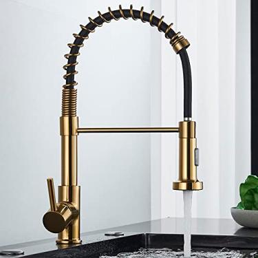 Imagem de Torneira da cozinha pull out stream pulverizador deck montado preto fosco misturadora rotação de 360 graus pia da cozinha quente e fria, ouro burshed