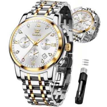 Imagem de OLEVS Relógio de pulso masculino analógico de quartzo, moderno, casual, com mostrador grande, à prova d'água, cronógrafo, numerais romanos lunmious, Dourado, branco, round, caminhada