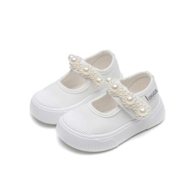 Imagem de GENGASUN Tênis infantil feminino Mary Jane Flat Baby Canvas Pearl Tênis para uniforme escolar casual macio para caminhada, Branco, 9 Toddler