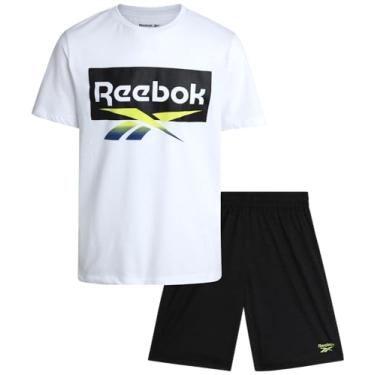 Imagem de Reebok Conjunto de shorts para meninos – Camiseta de desempenho de 2 peças e shorts de ginástica de basquete (8-12), Branco/cinza, 10