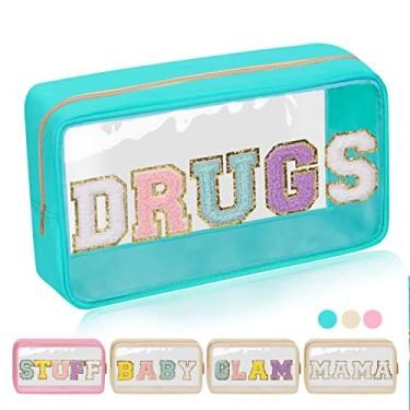 Imagem de Bolsa de maquiagem transparente Preppy Patch, bolsa feminina para cosméticos com letras de chenille para viagem, Drogas verdes