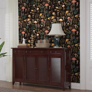 Imagem de Papel de parede floral Laaste Boho cogumelo papel de parede floral descasque e cole 45 cm x 300 cm mural autoadesivo impermeável vintage papel de parede botânico para quarto infantil armário de parede