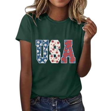 Imagem de Duobla Camisetas femininas de verão 2024 na moda 4 de julho camisetas com estampa de laço de cereja com coração fofo camiseta com letras engraçadas roupas modernas, A-4-verde, M