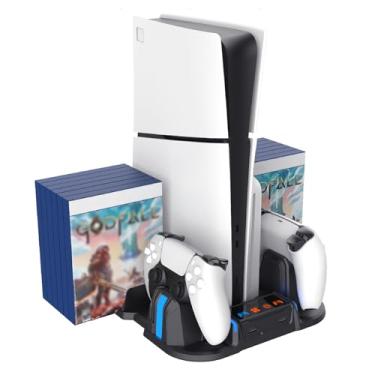 Imagem de Suporte de resfriamento para PS5 Slim com estação de carregamento de controlador, ventilador de resfriamento de 3 estágios, 12 slots de jogo, 2 hubs USB. (preto)