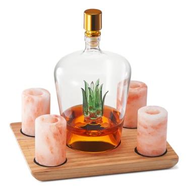 Imagem de Conjunto de decantador de tequila com quatro copos de sal rosa do Himalaia, perfeito para amantes de bebidas de tequila agave, garrafa de 1000 ml, copo de shot de 47 g, tequila, decorações de festa de