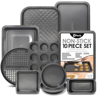 Imagem de Conjunto de utensílios de cozinha Perlli 10 peças, inclui assadeira de forno, bandeja de pizza, assar, loaf, muffin, quadrado, 2 assadeiras redondas de bolo, assadeira antiaderente grande e média, pastelaria para assar na cozinha doméstica