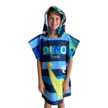 Imagem de Roupão Poncho Toalha Praia Piscina Infantil C/Capuz Natação (Reino dos Dinos Marinho M104, Único (4 á 12 anos))