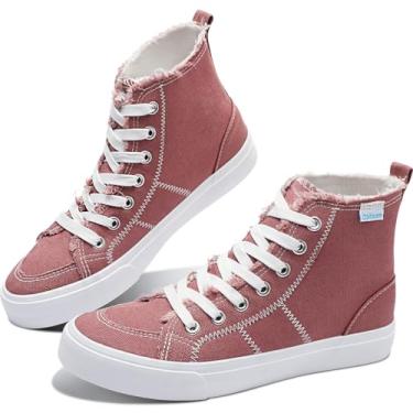 Imagem de Obtaom Sapatos femininos e masculinos de lona de cano alto, tênis fashion de cano médio casual com cadarço, cano alto, sapatos de lona lavados, Camafeu marrom, 9 Women/7.5 Men