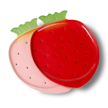 Imagem de Tanirapel Travessas de servir grandes, bandejas de cerâmica de 35,5 cm, pratos de morango para aperitivos de sobremesa/entretenimento/festa, conjunto de 2, rosa e vermelho
