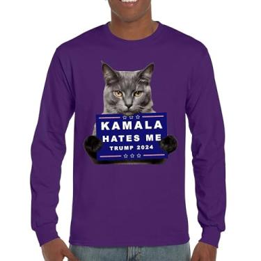 Imagem de Kamala Hates Me Trump 2024 Camiseta de manga comprida Engraçada Gato Republicano Pet Anti Harris Vote Vermelho MAGA Kitten 47 Fight, Roxa, P