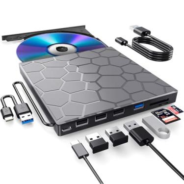Imagem de Unidade externa de CD/DVD para laptop, leitor de DVD para laptop, 8 em 1 USB 3.0 ultrafino, unidade de disco externa com gravador de CD compatível com Mac de mesa, Windows 11/10/8/7 Linux