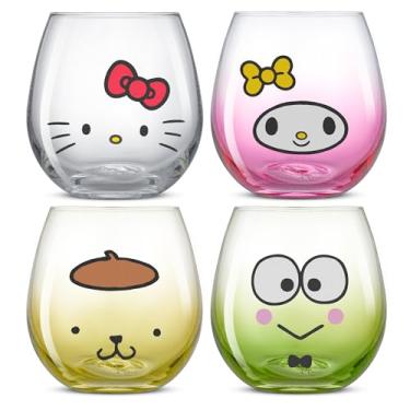 Imagem de JoyJolt Copos de bebida Sanrio Hello Kitty & Friends Hello Sippy, 425 g, conjunto de copos de vidro sem haste de 1,2 m Hello Kitty Keroppi My Melody Pompompurin, copos fofos para água, suco, copo