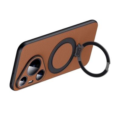 Imagem de HAO RIYLN Capa magnética para Huawei Pura 70 Ultra/70 Pro/70, capa de couro genuíno para negócios de luxo com suporte de anel, capa de proteção de lente completa, marrom, 70 Pro
