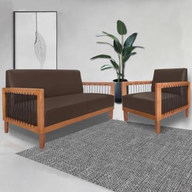 Imagem de Conjunto Sofá Namoradeira e Poltrona Sala de Estar Pés Madeira Maciça Corda Náutica Preta Manila PU Marrom G63 - Gran Belo