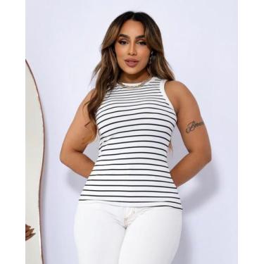 Imagem de Regata Plus Size Canelada Ribana Listra Fundo Preto G1 G2 G3 Extra Gra
