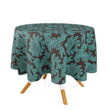 Imagem de Toalha de Mesa Redonda em Tecido Jacquard Marrom e Turquesa Medalhão T