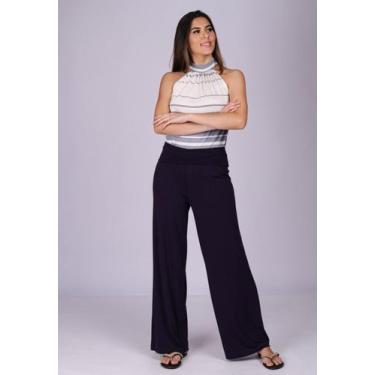 Imagem de Calça Pantalona Reta Malha Cós Alto Azul Marinho - G - Veste do 44 ao 