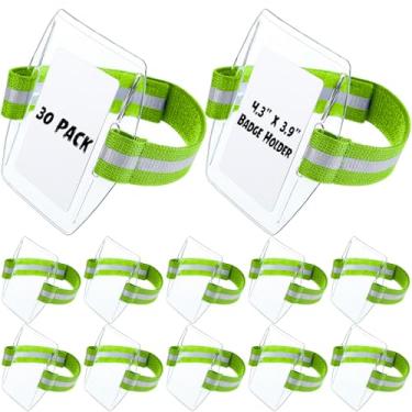 Imagem de Epakh Suporte de crachá de braço de 30 peças, suporte de crachá de braçadeira com fecho de gancho e laço de plástico transparente, porta-crachás, tamanho universal (tiras refletivas, verde)