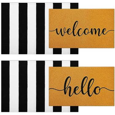 Imagem de Timgle Pacote com 4 tapetes de boas-vindas ao ar livre com preto e branco listrado tapetes para porta da frente com suporte antiderrapante capachos externos para raspador de sapatos, área de alto